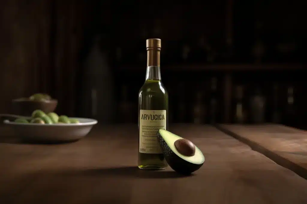 Bild einer Glasflasche Avocadoöl auf einem Holztisch.