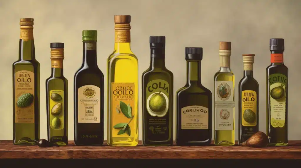 Bild mit verschiedenen Ölflaschen auf einem Holztisch, die die besten Öle zum Kochen repräsentieren.