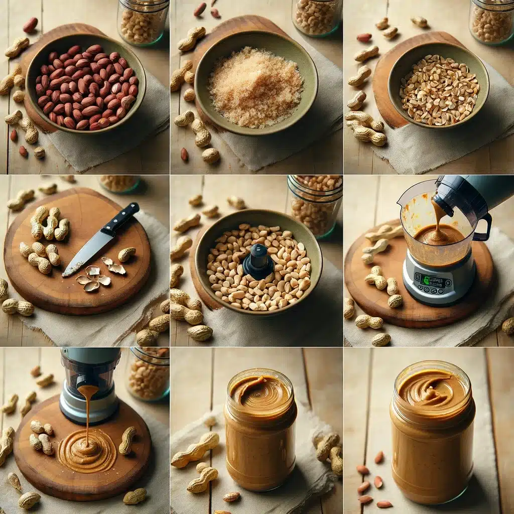 Schritt-für-Schritt-Ansicht der Herstellung von Erdnussbutter, von rohen Erdnüssen bis zum fertigen Produkt.