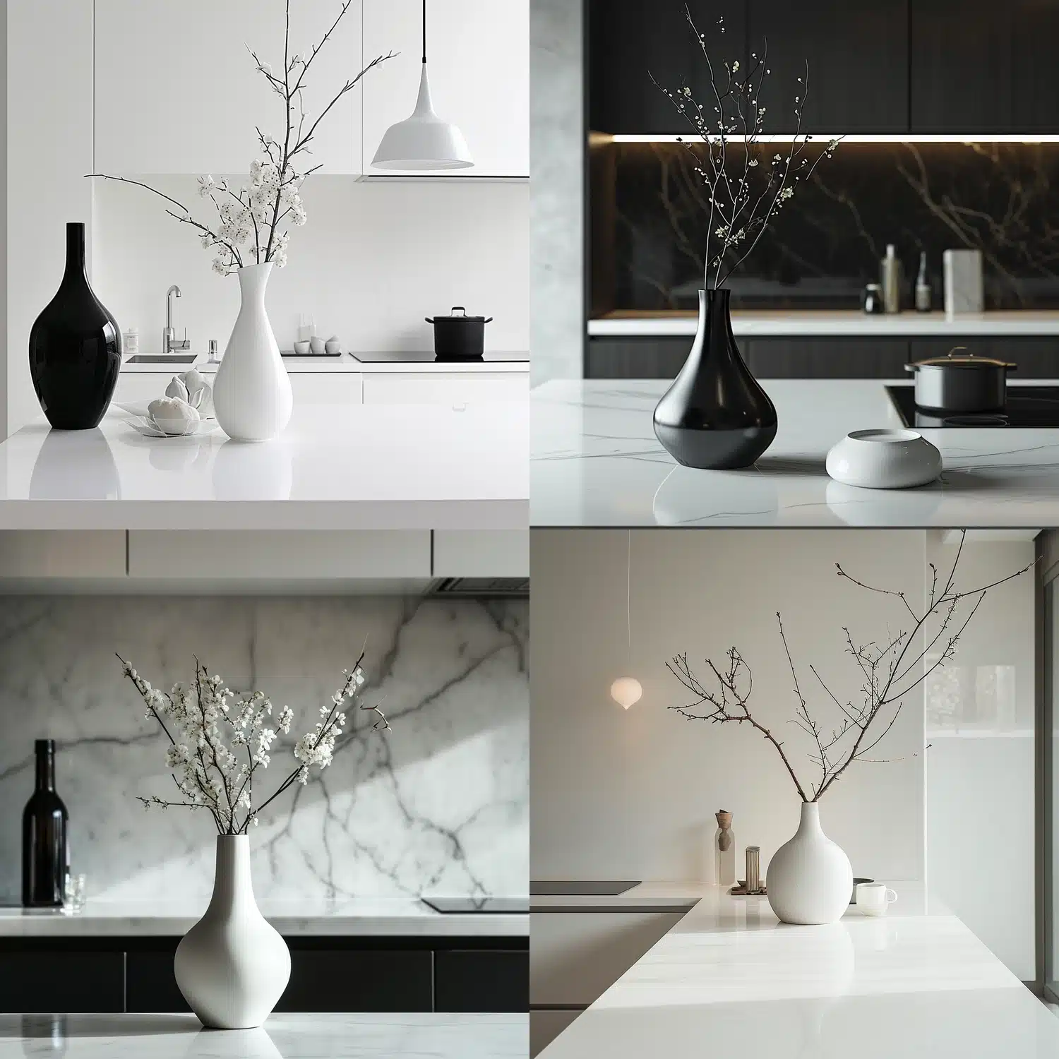 Minimalistische Küche mit eleganter Vase und Zweigen als Dekor. Das Bild soll zeigen, wie reduzierte Dekoration in einer minimalistischen Küche stilvolle Akzente setzen kann.