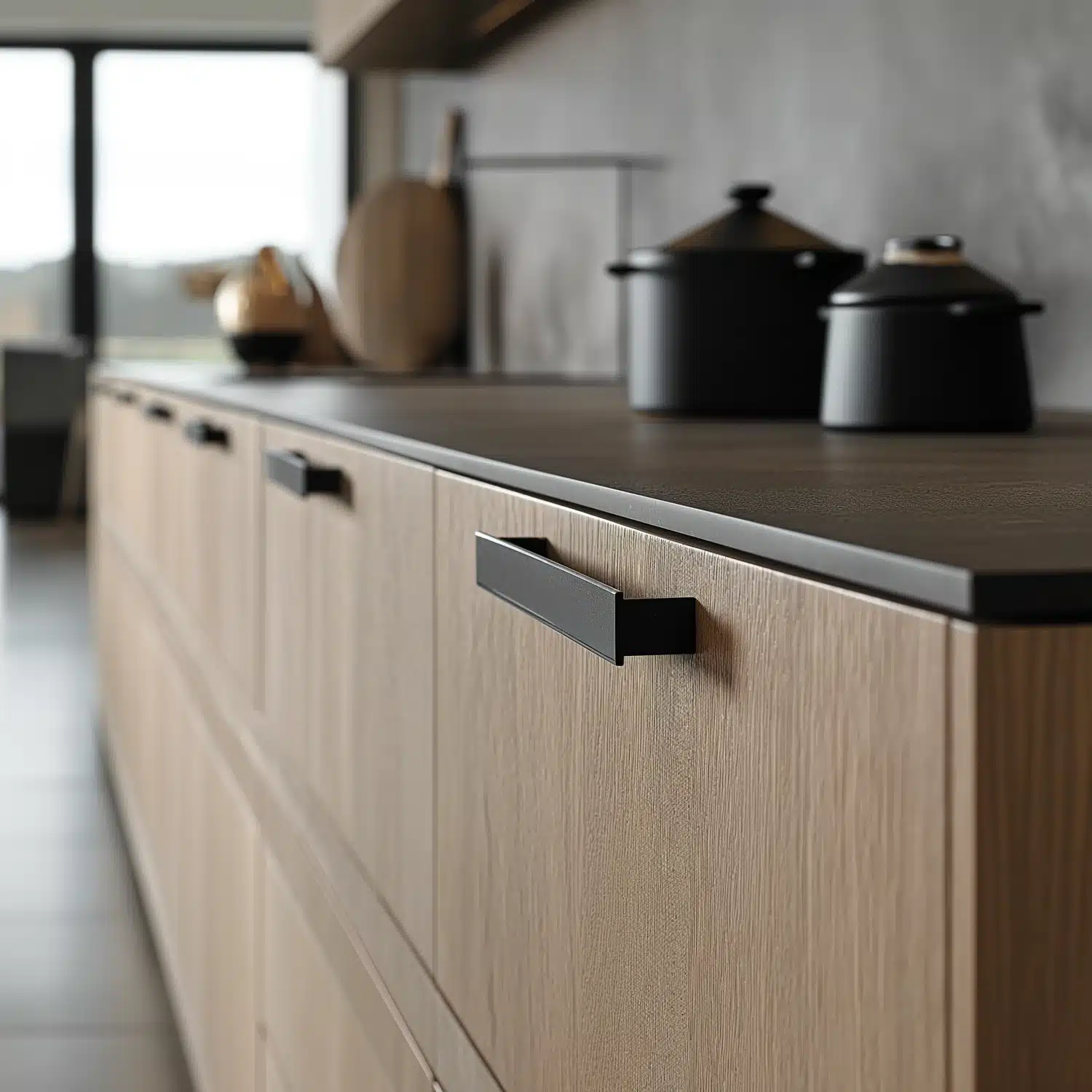 Nahaufnahme von minimalistischen Küchenschubladen mit stilvollen Griffen. Das Bild dient zur Visualisierung der Detailgenauigkeit und des Designs von minimalistischen Küchenmöbeln, die im Blogartikel diskutiert werden.