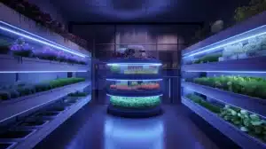 Zukunftsorientierte Indoor-Farm mit hydroponischen Systemen und kreislauforientierter Lebensmittelproduktion, beleuchtet durch blaue LED-Leuchten.