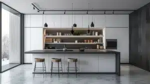 Moderne minimalistische Küche mit offenen Regalen und zentralem Küchenblock
