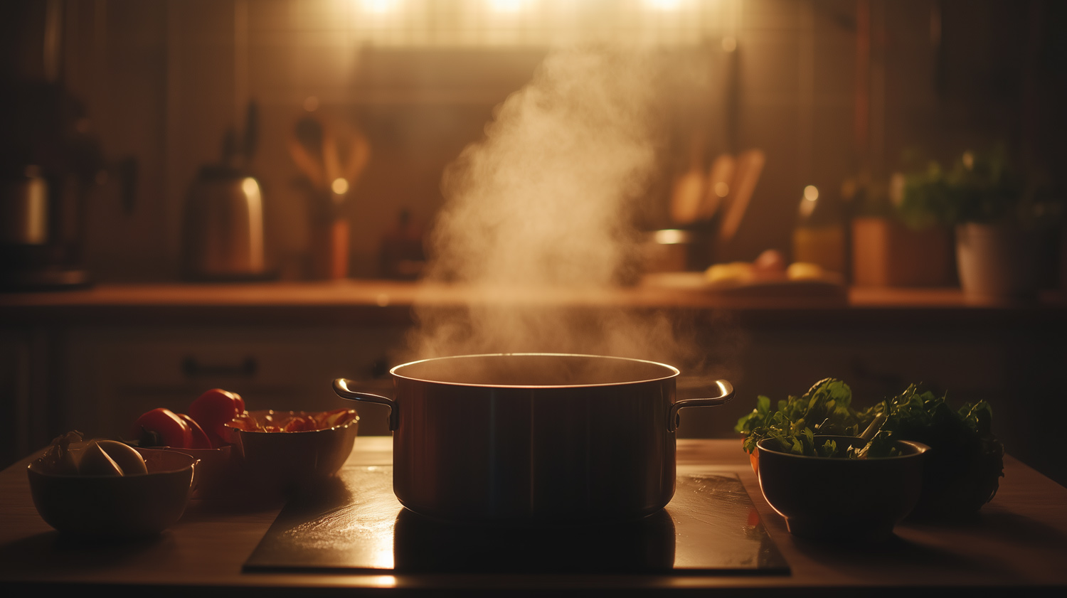 A_cozy_family_dinner_setting_a_single_pot_placed_in_the_kitchen