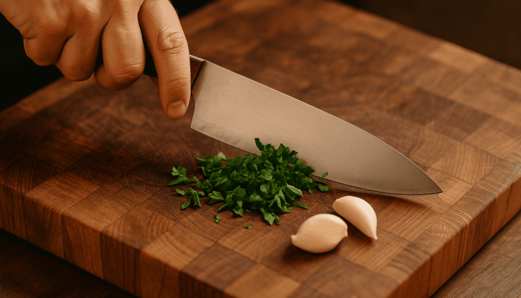 Hand schneidet frische Kräuter auf einem Stirnholzbrett mit scharfem Kochmesser, warmes Licht und natürliche Holzstruktur.